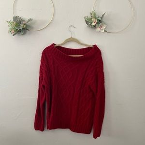 Red cable knit sweater, off the should sweater